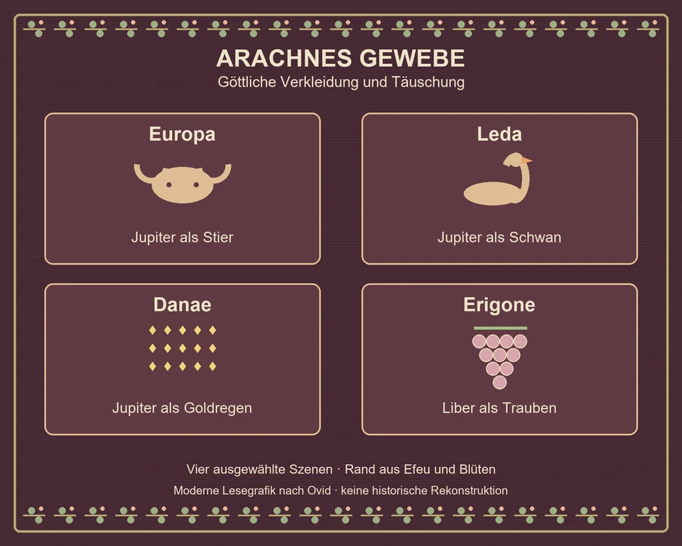 Rötliche Gewebegrafik mit vier Szenen: Europa/Stier, Leda/Schwan, Danae/Goldregen und Erigone/Trauben; Efeu und Blüten am Rand.