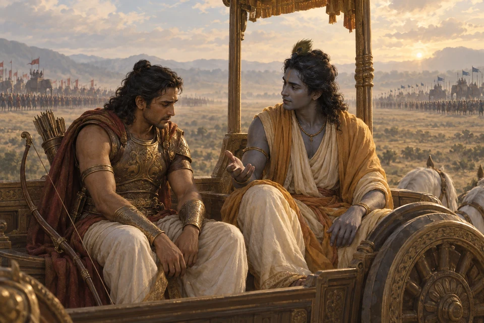 Arjuna sitzt mit gesenktem Blick und unbenutztem Bogen neben dem sprechenden Kṛṣṇa auf einem Wagen; zwei Heere stehen weit entfernt.