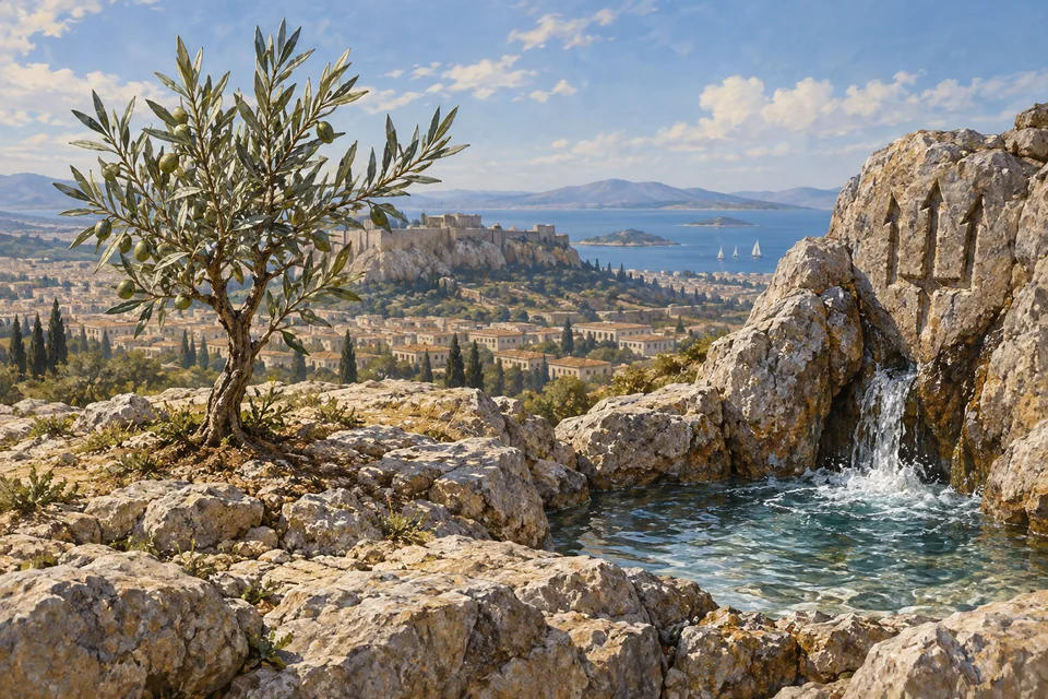 Auf felsiger Höhe steht links ein Olivenbaum; rechts tritt Wasser aus einem dreifach markierten Stein in ein Becken. Im Hintergrund liegen eine gedachte attische Stadt, die Akropolis und die Küste.