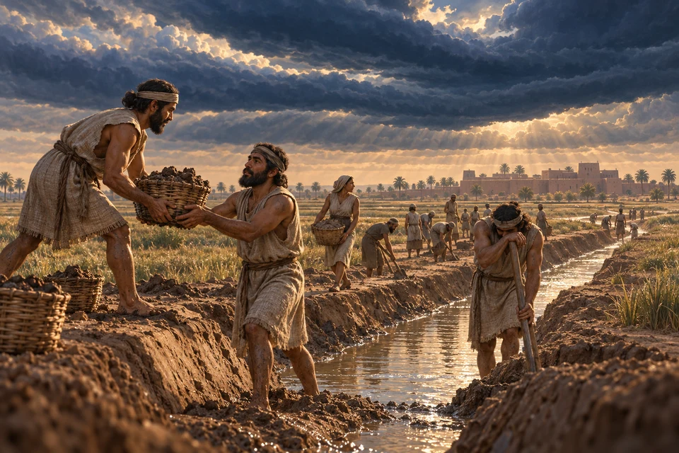 Menschen heben Erde aus einem Wasserlauf. Zwei reichen einen gefüllten Korb weiter, ein anderer stützt den Kopf auf sein Werkzeug. Über ihnen liegen mächtige dunkle Wolken und helle Lichtstrahlen.