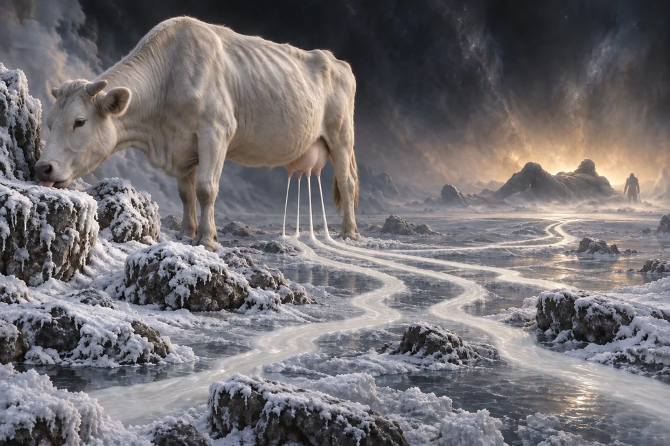 Eine helle Kuh leckt links einen vereisten Stein. Von ihrem Euter führen vier helle Ströme durch eine frostige Landschaft; fern rechts steht eine kleine menschliche Silhouette.