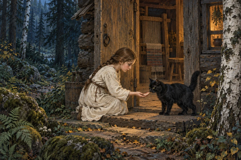 Ein Mädchen kniet an der offenen Tür einer Holzhütte und hält einer schwarzen Katze Speck hin. Innen steht ein Webstuhl; rechts wächst eine Birke.
