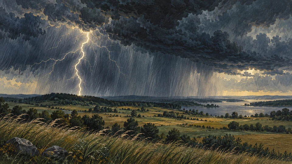 Über Feldern und einem bewaldeten Höhenzug hängt eine dunkle Gewitterwolke. Ein verzweigter Blitz trifft den fernen Hang; daneben ziehen Regenschleier.