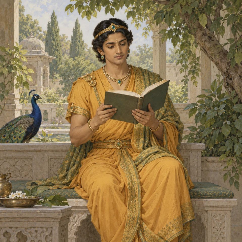 Junge geschmückte Gestalt mit geöffnetem Buch im Garten; ein Pfau steht daneben.