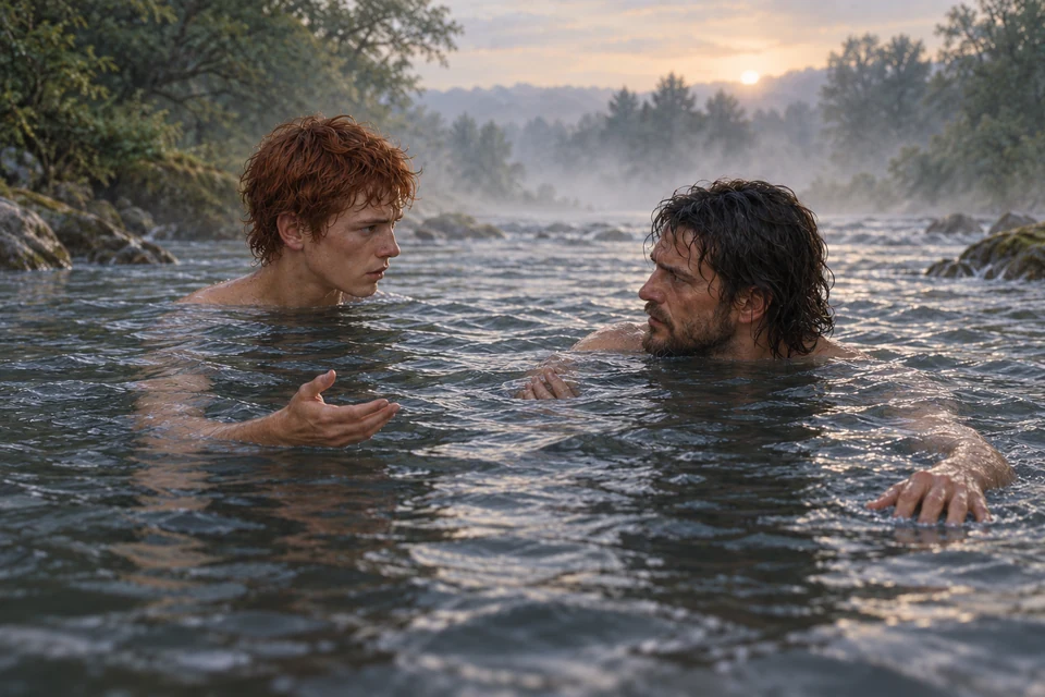 Zwei Menschen stehen bis zu den Schultern im undurchsichtigen Fluss. Der junge Rothaarige links stützt den dunkelhaarigen Mann rechts und hält seine andere Hand fragend offen. Beide sehen einander ernst an.