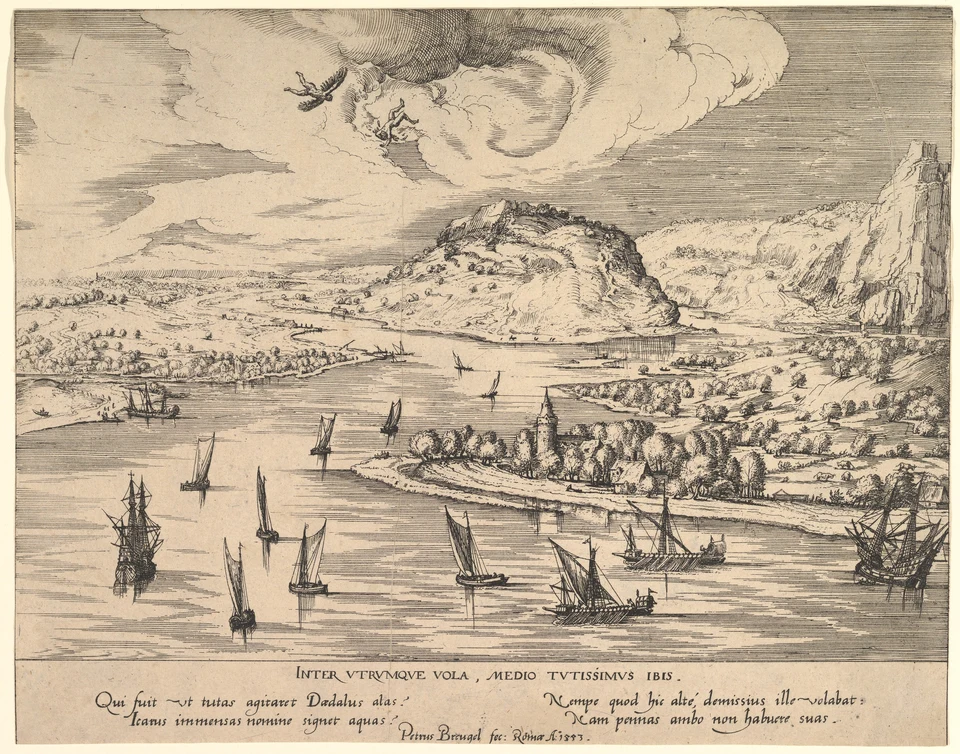 Historische Radierung: Zwei kleine gefluegelte Figuren hoch ueber einer weiten Flusslandschaft mit vielen Schiffen; eine Gestalt faellt. Unten steht eine lateinische Inschrift.