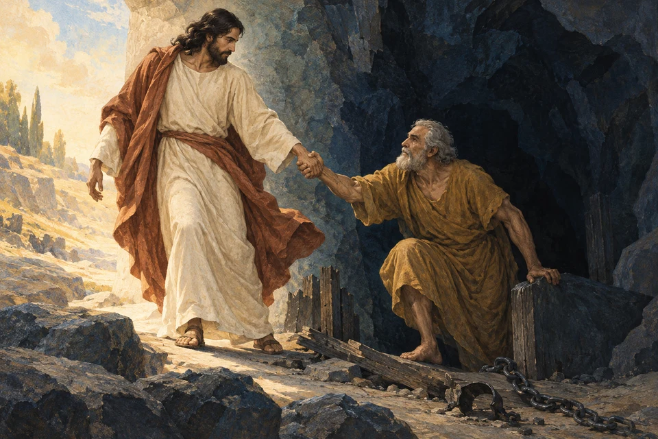 Christus links in hellem Gewand hält die rechte Hand des älteren Adam. Adam richtet sich vor einer dunklen Felsöffnung auf; am Boden liegen gebrochene Hölzer und eine Kette.