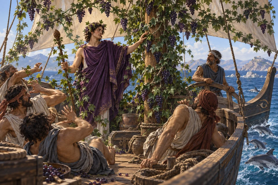 Dionysos steht unter einer von Weinreben überwachsenen Schiffssegelstange; Piraten erschrecken, der Steuermann schaut zu und Delfine schwimmen neben dem Schiff.