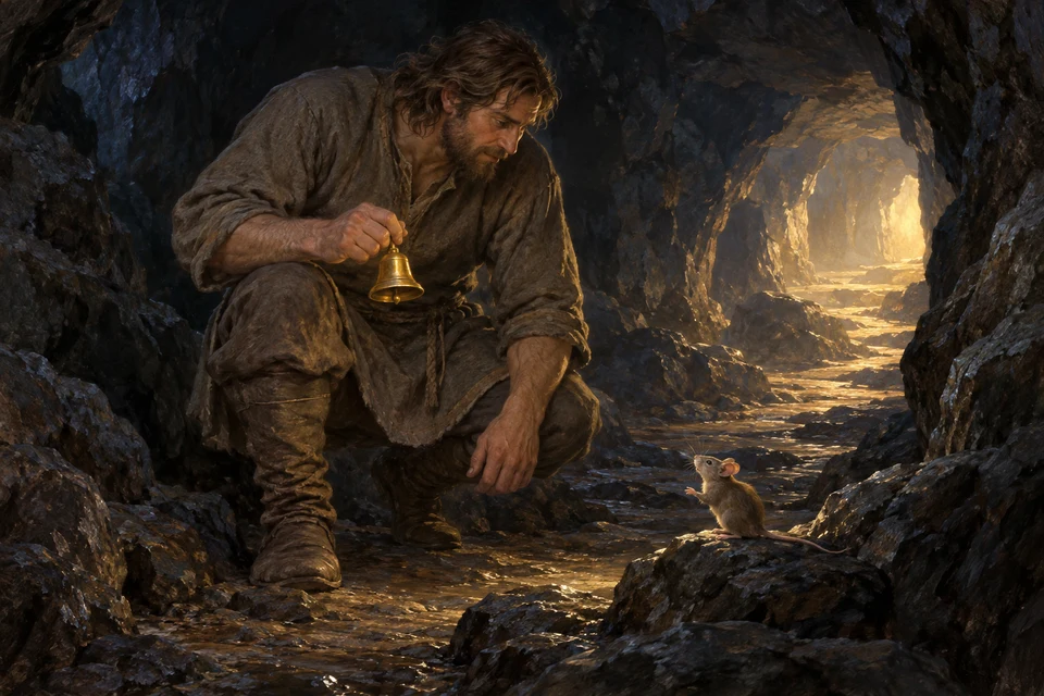 Kalevipoeg hält eine goldene Glocke und hört in einer dunklen Felshöhle einer kleinen Maus zu.