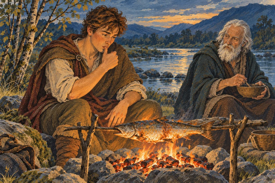 Ein junger Mann führt neben einem über dem Feuer gerösteten Fisch seinen Daumen zum Mund. Rechts sitzt ein älterer Mann mit einer Schale; dahinter liegt ein Fluss.
