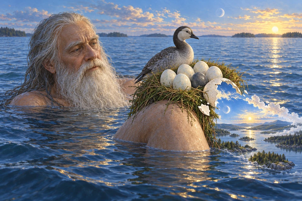 Väinämöinen im Wasser mit Nest auf einem erhobenen Knie, Wasservogel und sechs hellen sowie einem dunklen Ei; ein zerbrechendes Ei öffnet eine Landschaft.