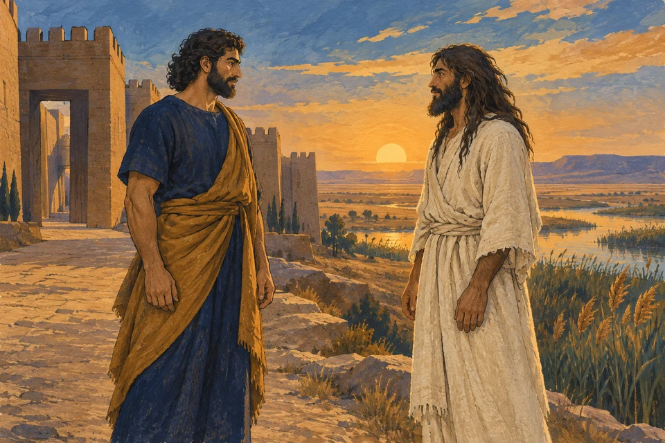 Zwei bärtige erwachsene Männer stehen einander gegenüber. Links erhebt sich eine Stadtmauer, rechts öffnet sich eine weite Landschaft mit Wasser und Schilf im Abendlicht.