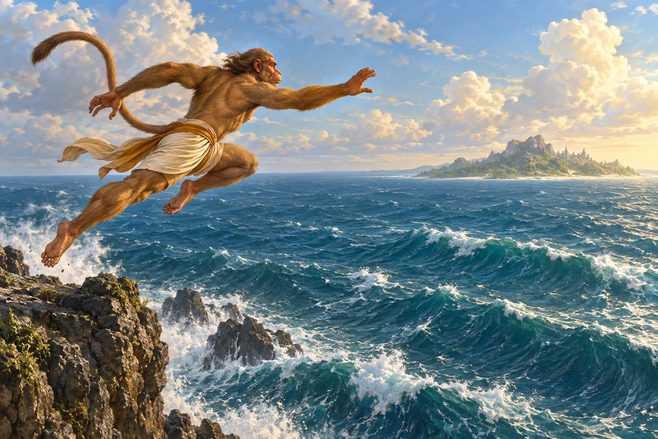 Hanumān mit Affengesicht und langem Schwanz bewegt sich über ein weites Meer auf eine ferne bewaldete Küste zu.