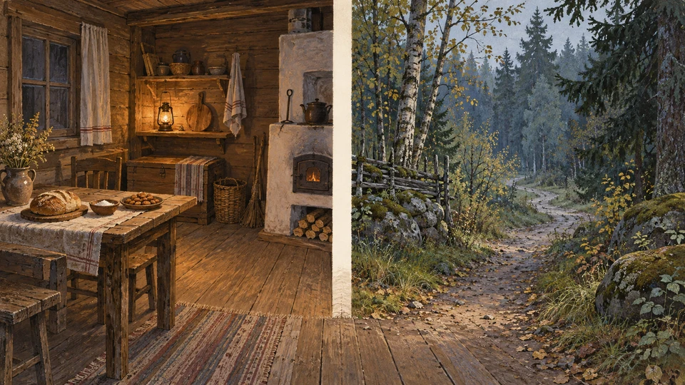 Zwei nebeneinander gemalte Räume: warmes Holzhaus mit Brot, Salz und Gebäck sowie kühler Waldrand mit einem verschwindenden Weg.