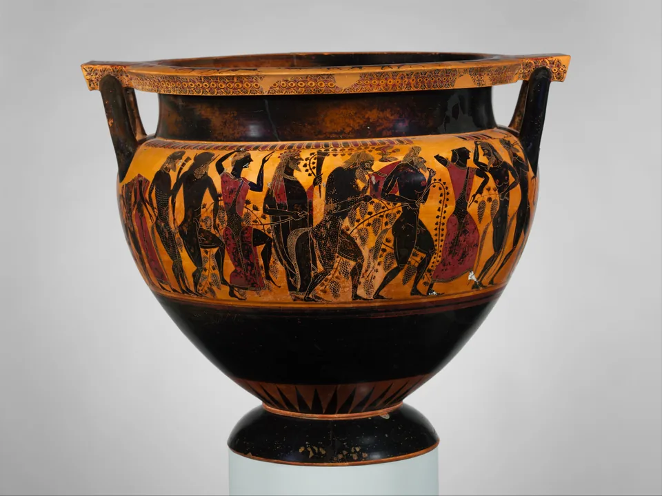 Attischer schwarzfiguriger Krater mit Prozession; Hephaistos kehrt im Gefolge des Dionysos zum Olymp zurück.