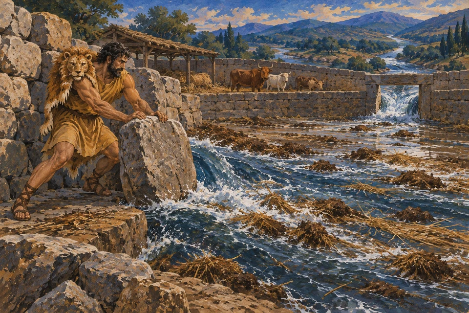 Ein Mann mit Löwenfell schiebt einen Stein an einer Hofmauer; Wasser strömt durch einen Rinderhof und trägt Stroh mit sich, während drei Rinder auf trockenem Grund stehen.