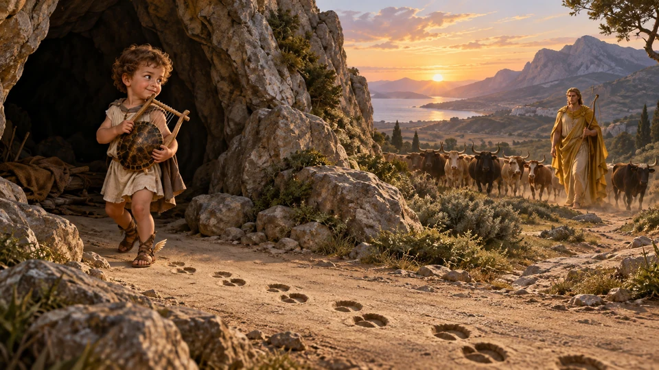 Der junge Hermes mit einer Schildkrötenleier vor einer Höhle; in der Ferne nähert sich Apollon einer Rinderherde und rätselhaften Spuren.