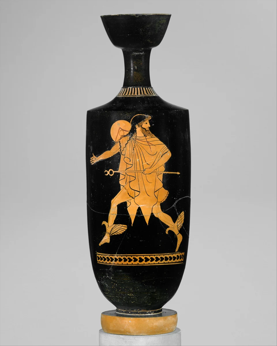 Schwarzgrundige attische Lekythos mit laufendem Hermes; Flügelsandalen und Botenstab sind zu sehen.