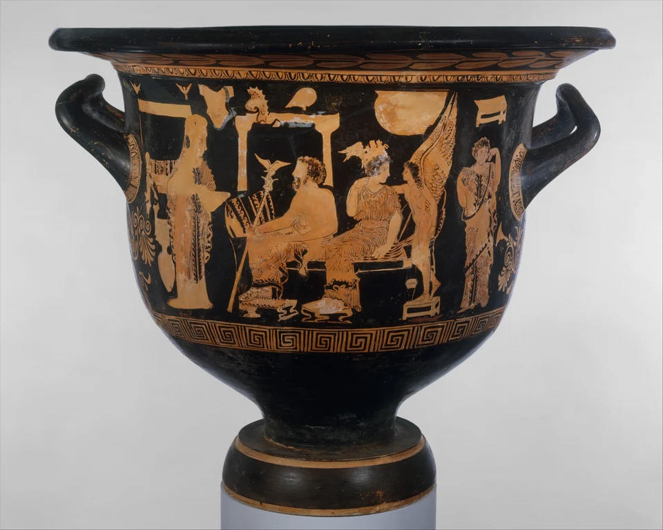 Vorderseite eines apulischen Glockenkraters: Europa bittet Zeus, rechts stehen Hera und der kleine geflügelte Hypnos bei Pasithea.