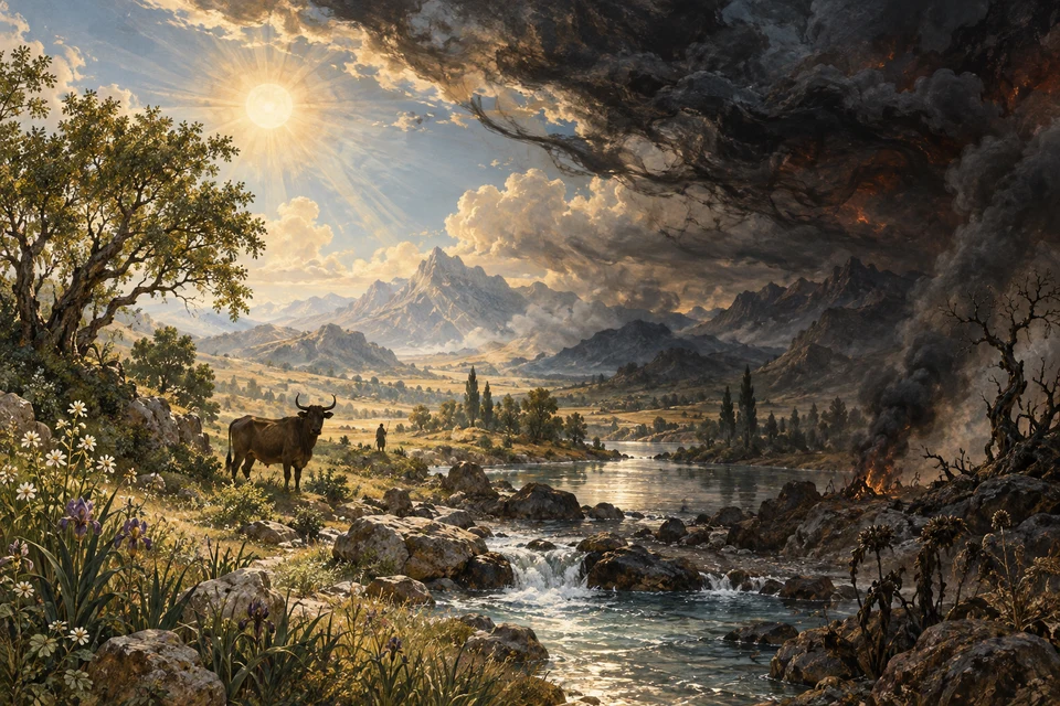 Eine zusammenhängende Flusslandschaft mit Rind und kleiner menschlicher Gestalt: Licht, lebende Pflanzen, dunkle Wolken, kahle Zweige und rauchendes Feuer treffen in derselben Welt aufeinander.