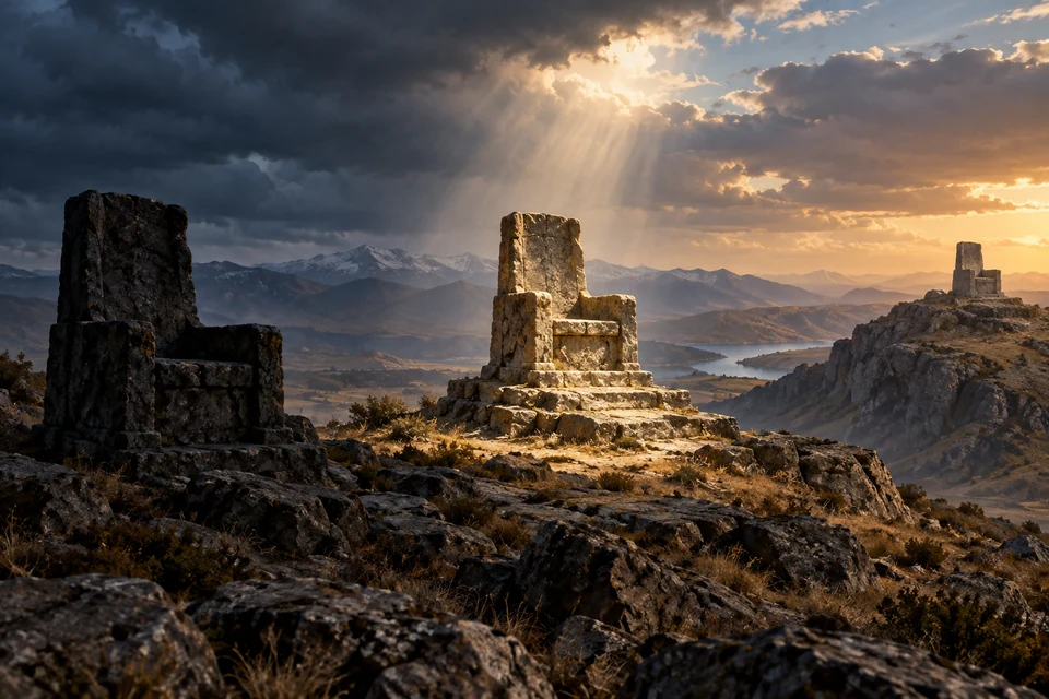 Drei leere steinerne Sitze in gestaffelter Entfernung auf einem windigen Hochland unter einem wechselnden Himmel.