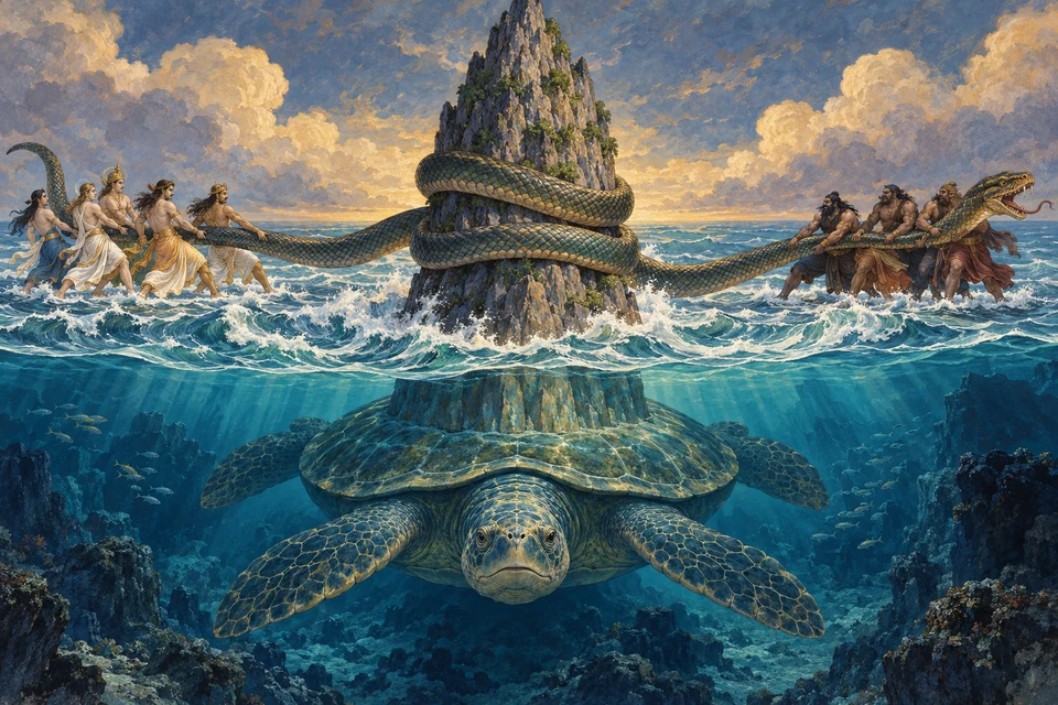 Zwei Gruppen ziehen oberhalb des Wassers an den beiden Enden einer Schlange, die einen Felsberg umwindet. Ein künstlerischer Wasserschnitt zeigt eine große Schildkröte unter dem Berg.
