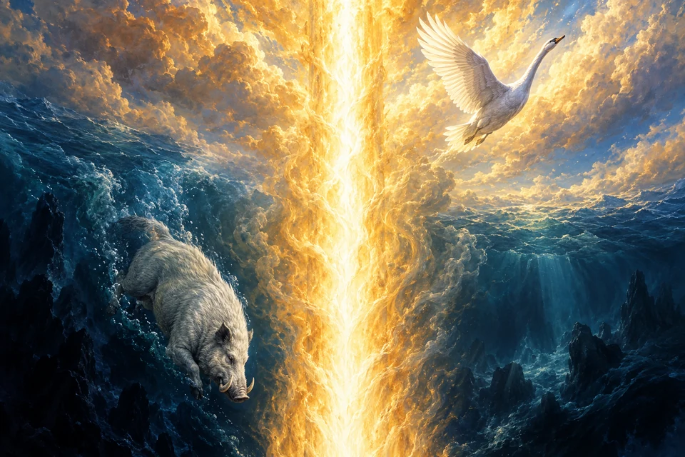 Eine Feuersäule ohne sichtbare Enden zwischen einem aufwärts fliegenden weißen Schwan und einem abwärts gerichteten hellen Eber in dunklem Wasser.
