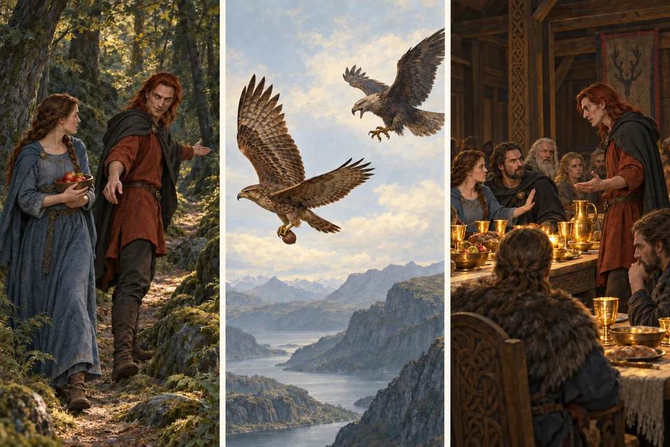 Drei getrennte Szenen: Loki lockt Iðunn mit ihren Äpfeln in einen Wald; ein Habicht trägt eine Nuss vor einem verfolgenden Adler davon; Loki streitet mit Gästen an einer Festtafel.