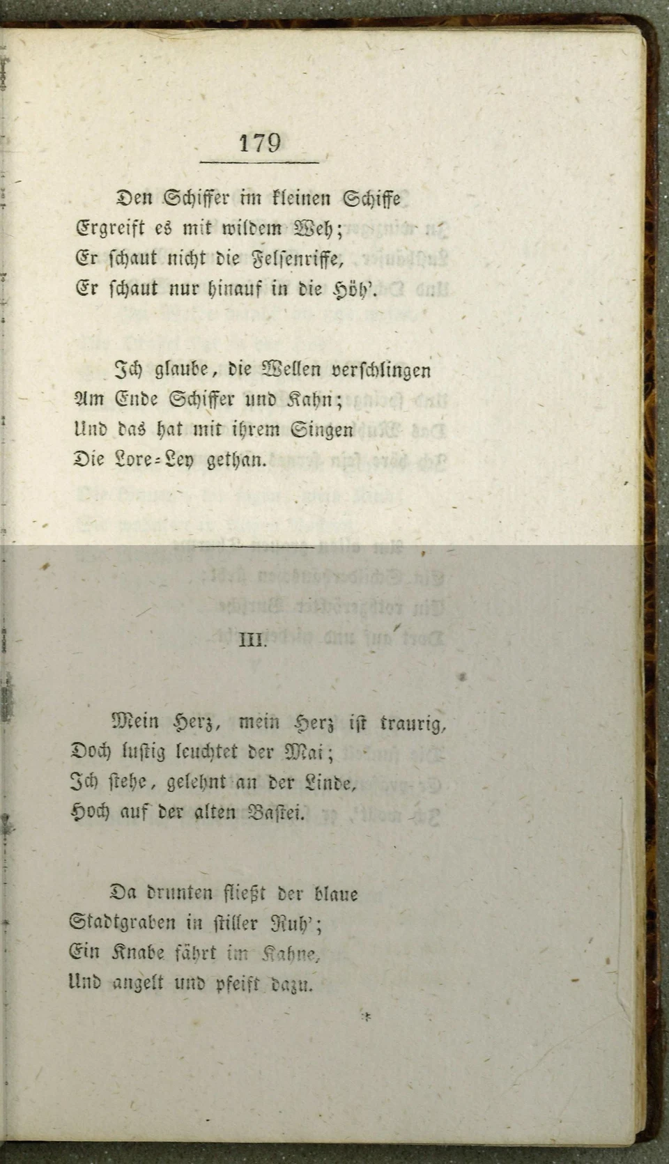 Druckseite 179: oben die letzten zwei Loreley-Strophen, darunter ein Trennstrich und der Beginn von Gedicht III.