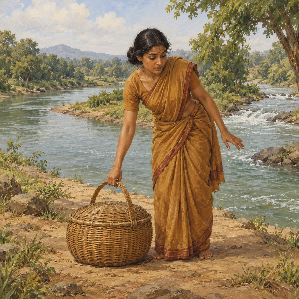 Eine erwachsene Frau in ockerfarbenem Gewand berührt den Griff eines Korbes am Boden; eine erfundene Flusslandschaft liegt hinter ihr.