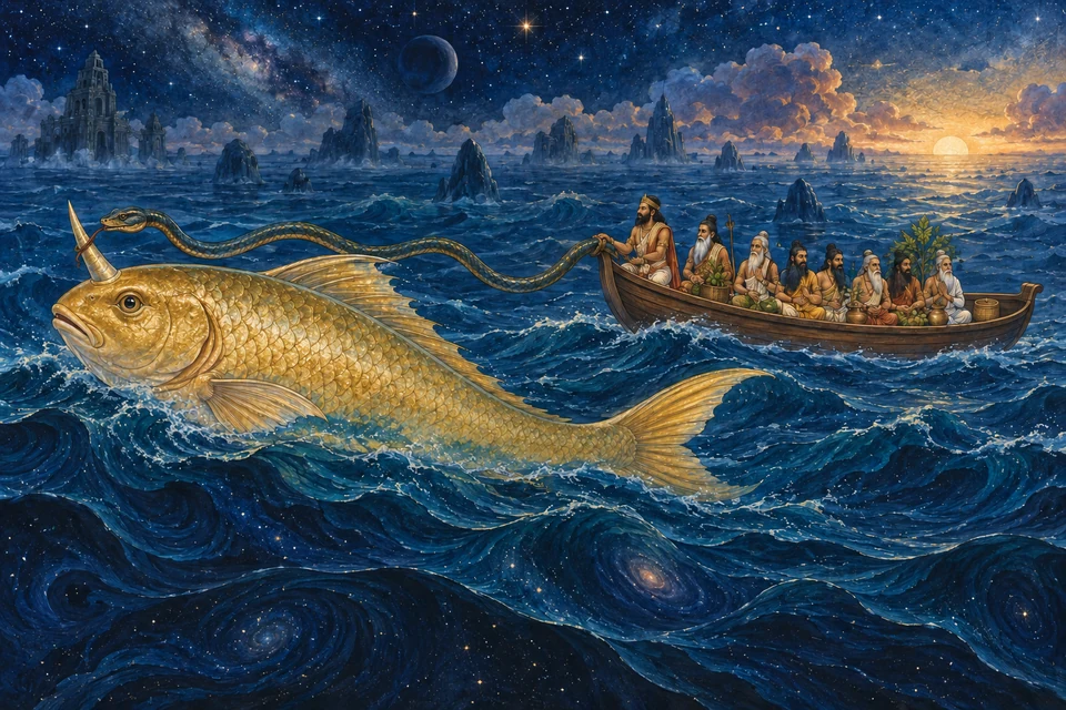 Ein großer goldener Fisch mit einem Horn zieht über eine Schlange ein Boot mit einem gekrönten Mann und sieben Weisen. Pflanzen und Gefäße liegen im Boot; Sterne erscheinen über den dunklen Flutwassern.