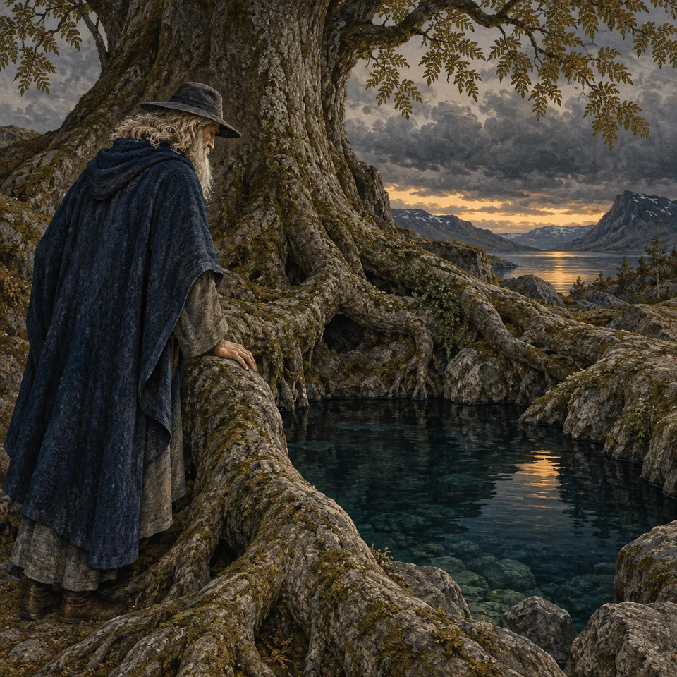 Ein alter bärtiger Mann im dunkelblauen Mantel blickt seitlich auf eine Quelle zwischen mächtigen Baumwurzeln. Eine Hand ruht auf der Wurzel; hinter dem Baum liegen Berge und ein dunkler Himmel.