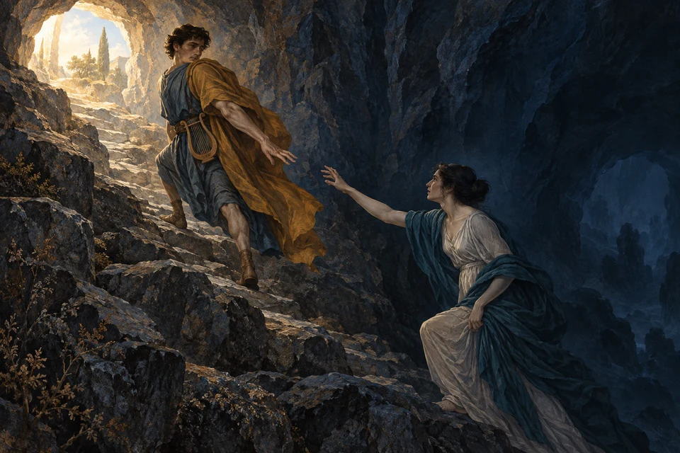 Orpheus steht höher auf einem dunklen Felsweg und blickt zu Eurydike zurück. Ihre ausgestreckten Hände erreichen einander nicht; vor beiden liegt die helle Öffnung.