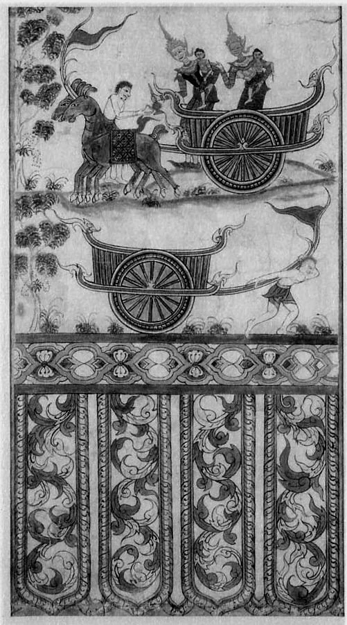 Monochrome Reproduktion: Oben ein besetzter Wagen mit großem Rad, Zugtier und führender Figur. Darunter ein leerer Wagen mit ziehender Figur; ornamentale Felder nehmen den unteren Bildteil ein.