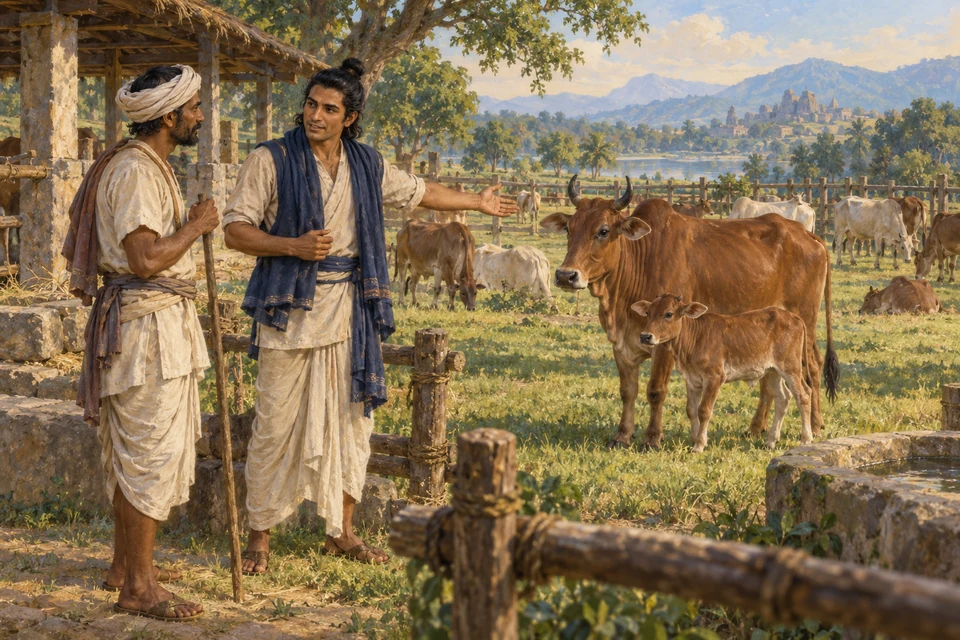 Zwei Männer sprechen an einem Viehgehege, einer zeigt mit offener Hand auf eine Kuh mit Kalb.