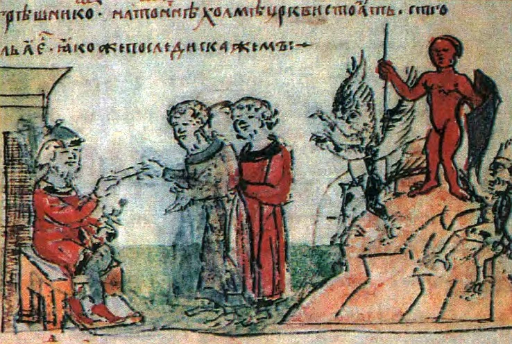 Handschriftenminiatur: Ein sitzender Mann links weist auf zwei stehende Personen; rechts steht eine rote menschliche Gestalt mit langem Stab auf einem Hügel, flankiert von dunklen geflügelten Figuren.