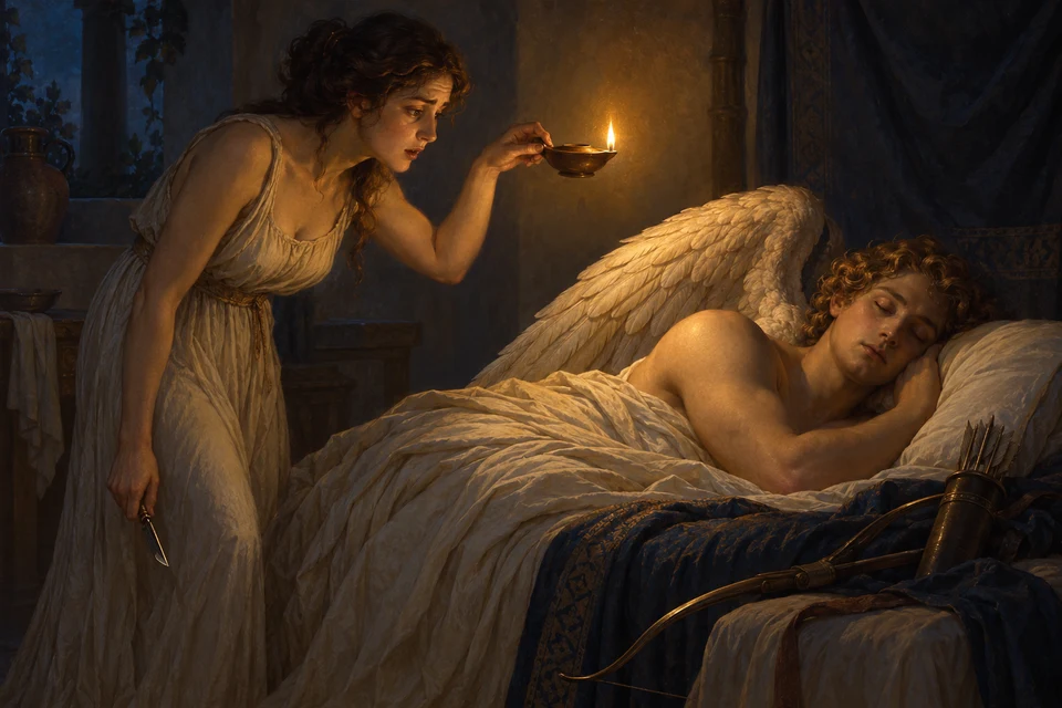 Psyche hält eine Öllampe über den schlafenden geflügelten Cupid; das Licht zeigt sein Gesicht, Bogen und Köcher liegen neben dem Bett, ihre andere Hand hält eine gesenkte kleine Klinge.