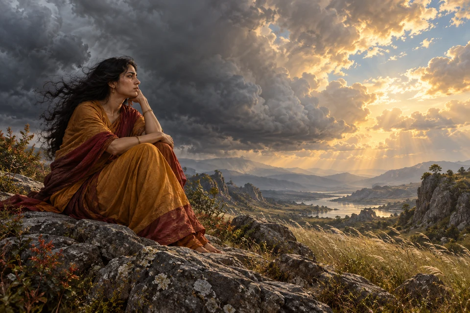 Eine bekleidete erwachsene Frau sitzt auf einem Felsen und blickt in eine Landschaft unter dunklen und goldfarbenen Wolken.