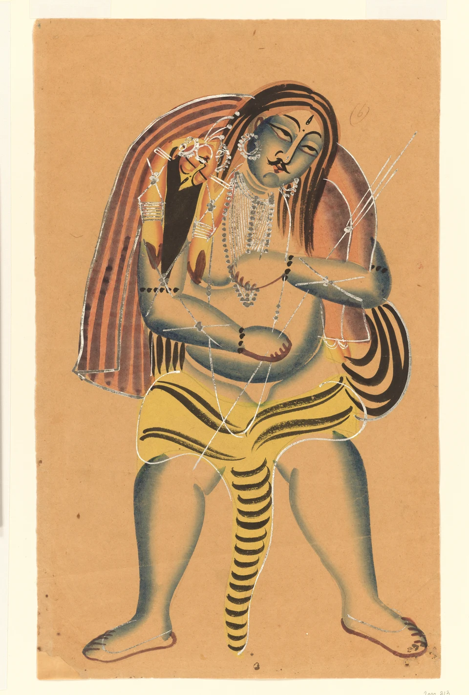 Kalighat-Malerei: eine blau-graue Standfigur trägt eine drapierte Gestalt über ihren Schultern; helle Schmucklinien liegen über dunklen geschwungenen Konturen.