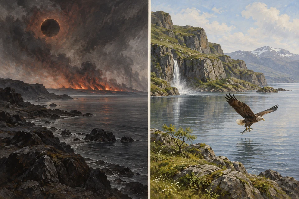 Zwei getrennte Landschaften: links dunkle Sonne, Feuer und eine felsige Küste im Wasser; rechts grüne Hänge, Wasserfall und ein Adler mit einem Fisch über dem Meer.