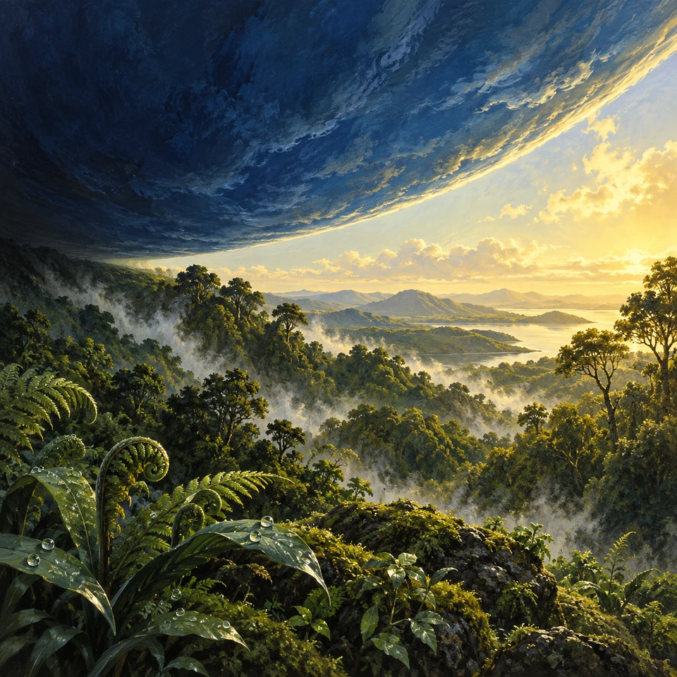 Über einer grünen Waldlandschaft hebt sich eine große dunkelblaue Himmelswölbung. Rechts öffnet sich goldener Lichtraum; Nebel steigt aus den Tälern, und auf Blättern im Vordergrund liegen Tautropfen.