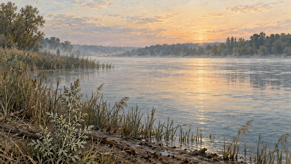 Breiter Fluss mit Schilfufer, einer frei gestalteten Wermutpflanze und einer kleinen undeutlichen Gestalt im Nebel.