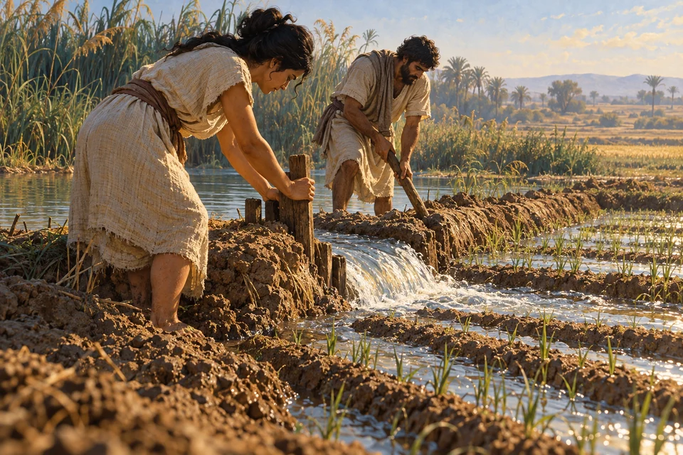 Zwei Personen öffnen mit Holzwerkzeugen eine niedrige Erdbarriere; Wasser fließt zwischen den Furchen eines Feldes hindurch.