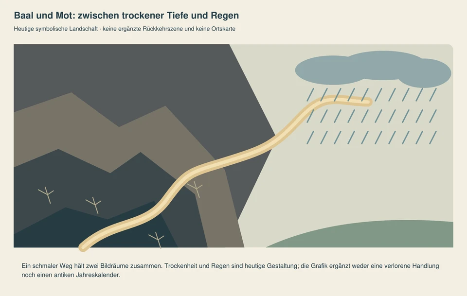 Ein schmaler heller Weg führt aus einer dunklen, rissigen Tiefe in eine offene Landschaft mit aufziehendem Regen. Keine Figur und kein konkreter Rückkehrvorgang sind dargestellt.