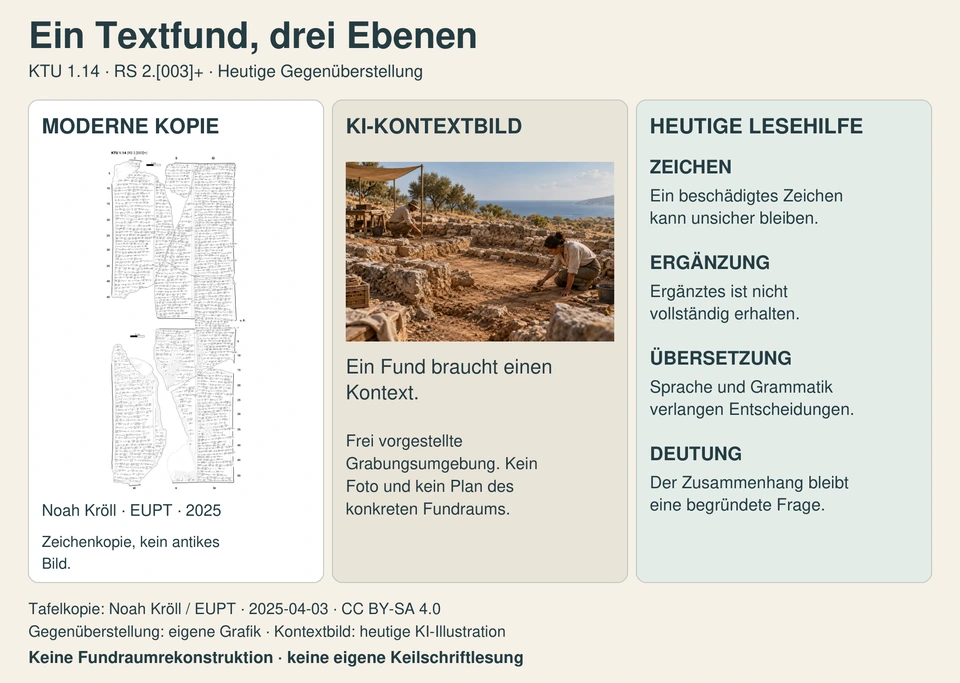 Drei getrennte Felder: vollständige moderne Kirta-Tafelkopie; als KI-Kontextbild beschriftete Grabungsumgebung; heutige Lesehilfe mit Zeichen, Ergänzung, Übersetzung und Deutung.