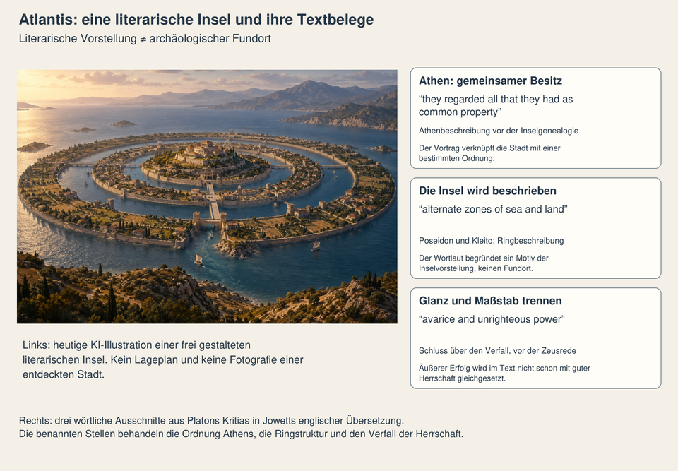 Links steht eine heutige KI-Inselvorstellung. Rechts zeigen drei technisch gesetzte kurze Kritias-Ausschnitte gemeinsamen Besitz Athens, Wasser- und Landringe und die Kritik an Gier und ungerechter Macht.