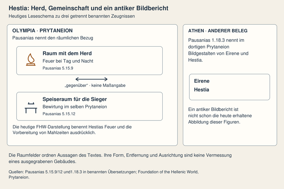 Ein ausdrücklich nicht maßstäbliches Leseschema verbindet den bei Pausanias beschriebenen Herdraum im olympischen Prytaneion mit dem gegenüberliegenden Speiseraum; ein getrenntes Feld nennt den athenischen Bericht über Eirene und Hestia.