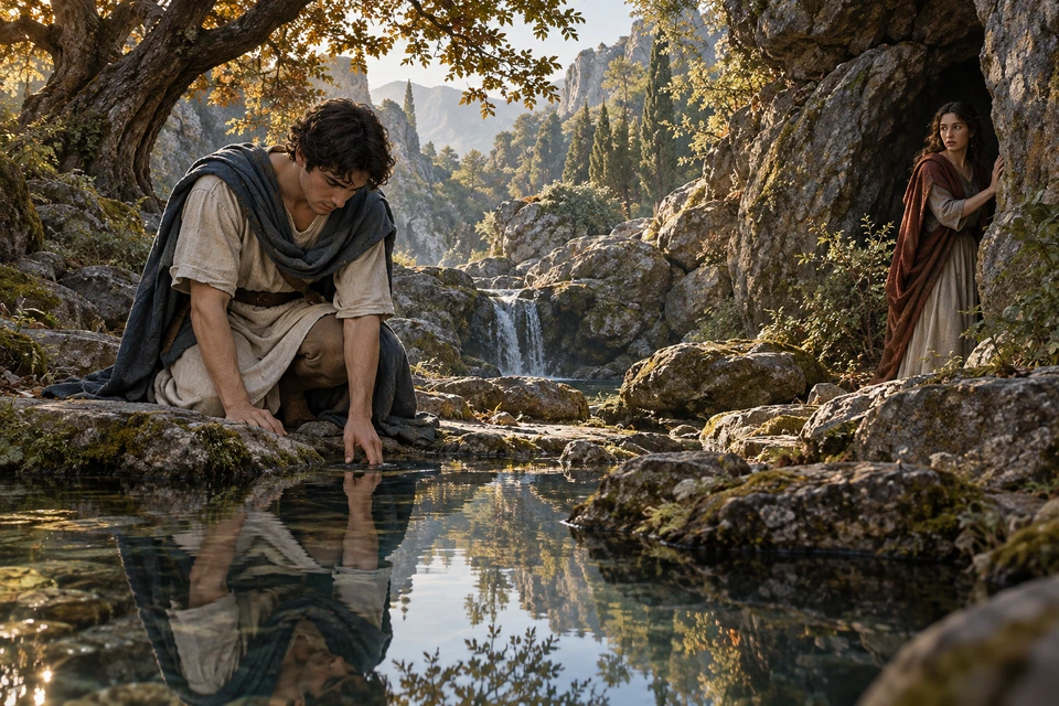 Ein Mann blickt senkrecht in sein eigenes Spiegelbild im Wasser; eine halb verdeckte Frau richtet ihren Blick aus einem tieferen Felsraum seitlich zu ihm.