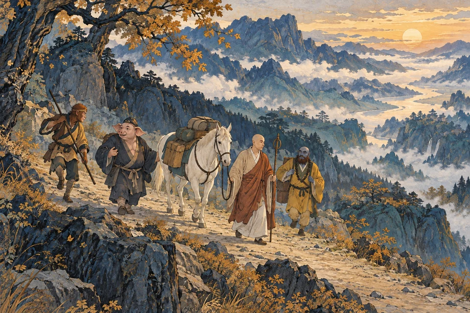Vier unterschiedliche Reisegefährten und ein Pferd bewegen sich auf einem gemeinsamen Weg.