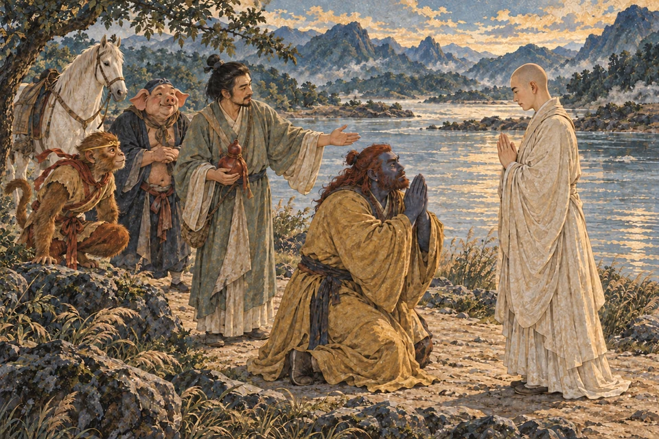 Sha Wujing kniet vor dem Mönch am Flussufer; ein Vermittler zeigt den Weg zur Gruppe, Bajie und Wukong stehen dahinter.
